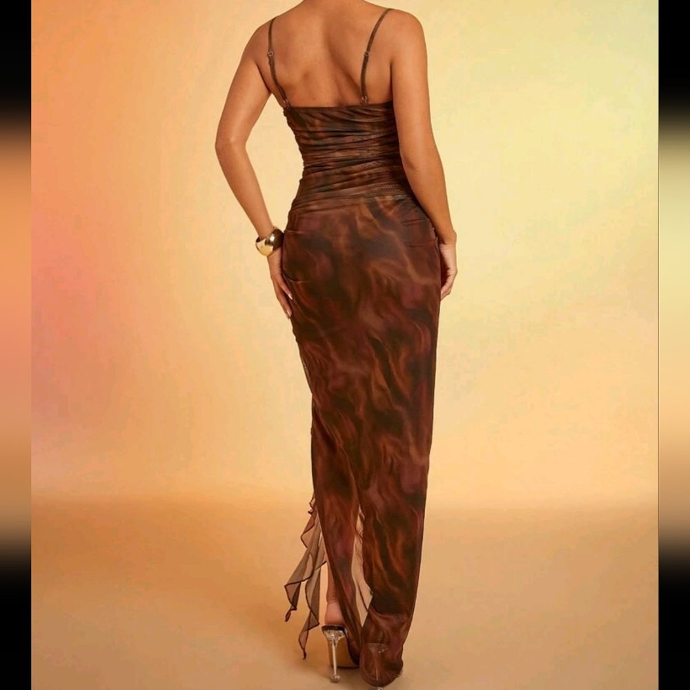 Abstract Printed Mesh Ruffle Detail Maxi Cami Dress - Picture 3 of 4